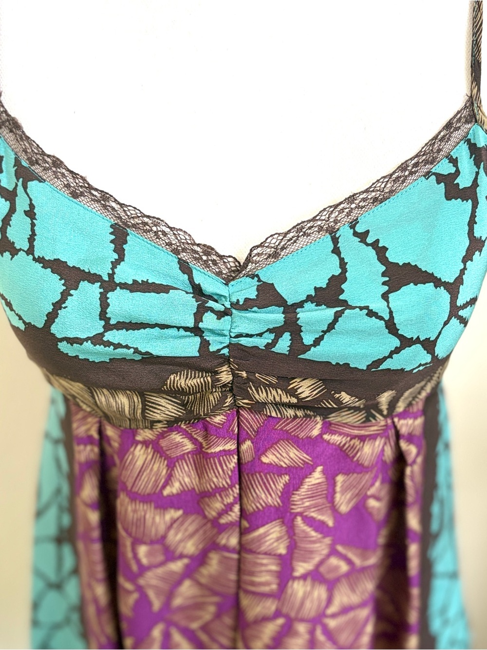 Petticoat Alley Women's silk Turquoise purple print Spaghetti Strap camisole S - Picture 3 of 8